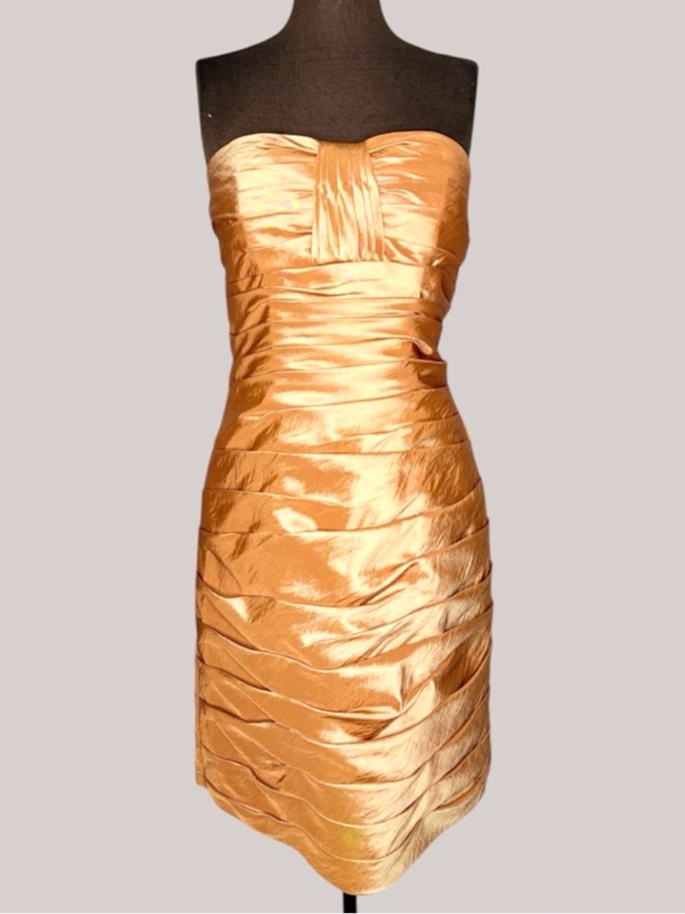 Val Stefani Antique Gold Satin Bridesmaid Dress Strapless Ruched Size 10